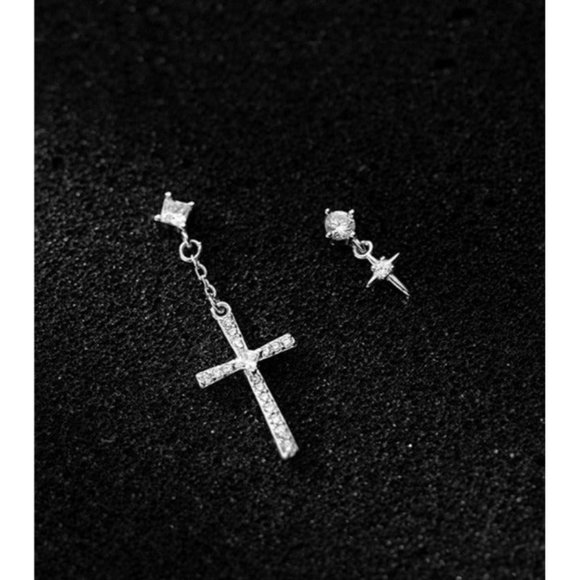 Silver Asymmetry Cross Drop studs Earrings-ECZ029 - Picture 1 of 9